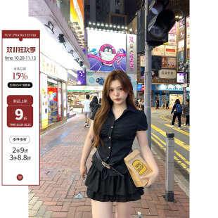 你的鱼 韩女进阶 韩系微胖mm显瘦遮肚甜辣夏泡泡袖短衬衫蛋糕半裙