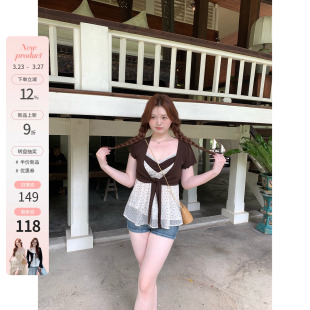 微胖mm春夏碎花拼接吊带套装 你 00新品 栗瑟茶歇 9折 鱼