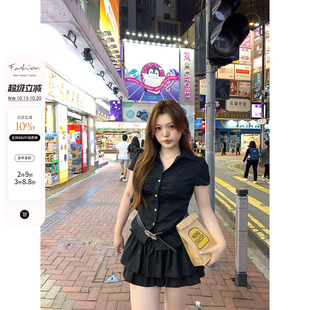你的鱼 韩女进阶 韩系微胖mm显瘦遮肚甜辣夏泡泡袖短衬衫蛋糕半裙