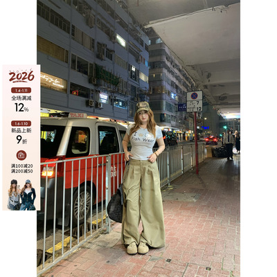 你的鱼 拿铁黄昏 极简复古卡其色微胖mm宽松休闲长裤阔腿显瘦长裤