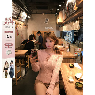 你的鱼 黑糖慕斯 韩系微胖mm性感纯欲轻熟V领交叉绑带毛织上衣