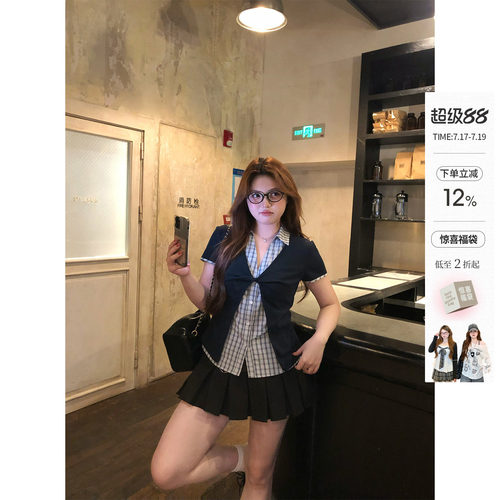 你的鱼 半岛失格 韩系微胖mm学院风春夏假两件扭结格纹短袖套装