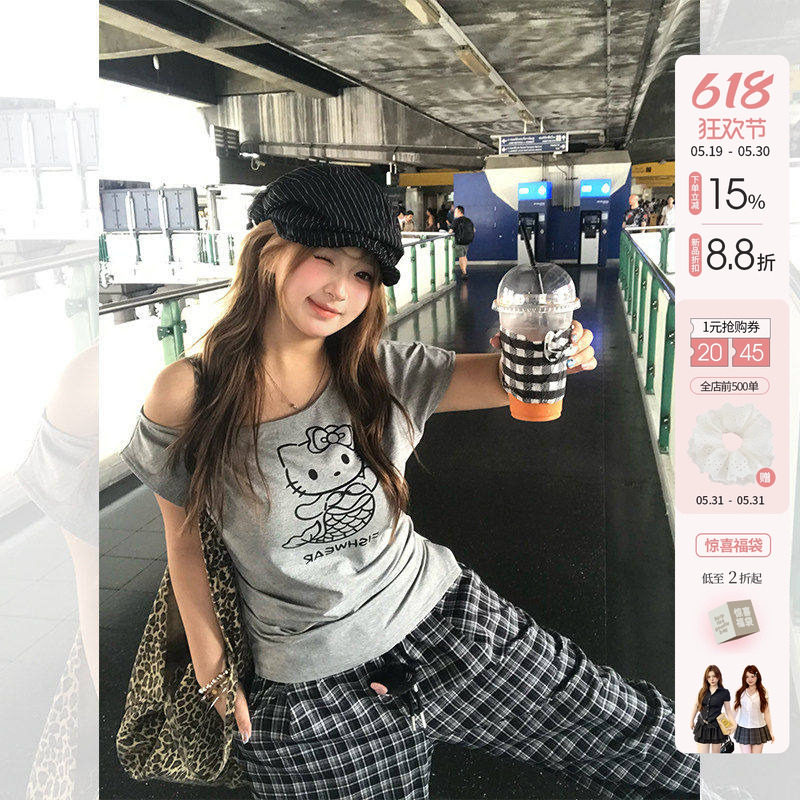 你的鱼 人鱼Kitty+韩女神裤 微胖mm斜肩宽松短袖上衣格纹休闲裤