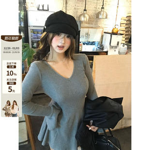 韩系微胖mmV领针织修身 可颂舒芙蕾 收腰柔软百搭连衣裙 鱼 你