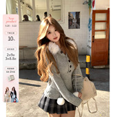 韩系微胖mm日系日杂风毛领连帽毛织格纹半裙套装 小栗川奈 鱼 你