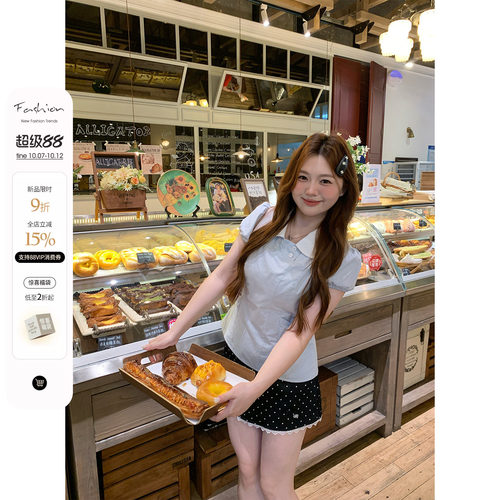 你的鱼 蓝岛海盐 韩系微胖mm少女感蝴蝶结娃娃领衬衫夏日半裙套装