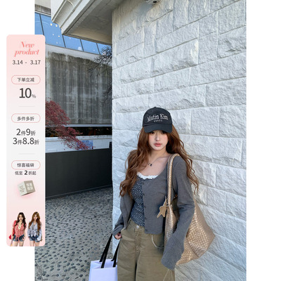 你的鱼 海云台汀 韩系微胖mm蕾丝针织方领春款开衫碎花吊带套装