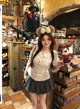 你的鱼 少女茶话会 韩系微胖mm春夏条纹蕾丝泡泡袖衬衫半裙套装