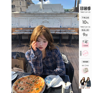 你的鱼 洱海假日 韩系微胖mm复古POLO领宽松显瘦长袖格纹衬衫裙