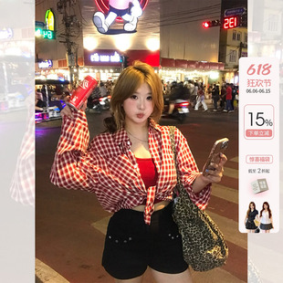 你的鱼 复古格调 日系格子衬衫外套挂脖吊带夏日俏皮微胖mm套装