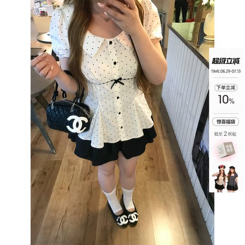 你的鱼 白茶莉莉安 韩系微胖mm夏日学院miu系波点泡泡袖衬衫半裙