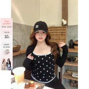 韩系微胖mm春季 你 鱼 黑巧泡芙 显瘦上衣 拼接蕾丝花边波点修身