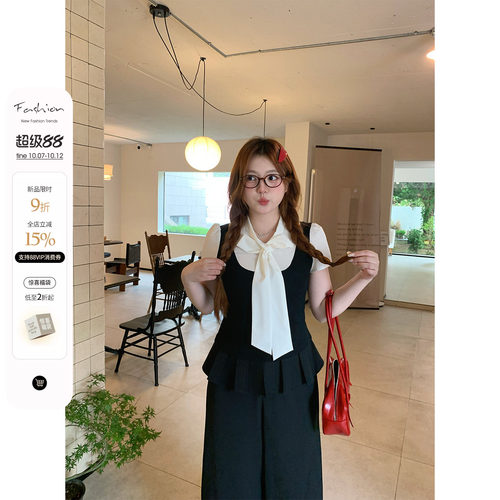你的鱼 智感伊甸园 韩系微胖mm甜美蝴蝶结绑带假两件上衣裙裤套装