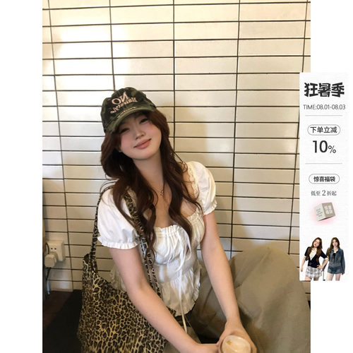 你的鱼 松弛智妍 韩系微胖mm春夏系带抽褶日常甜系休闲泡泡袖上衣