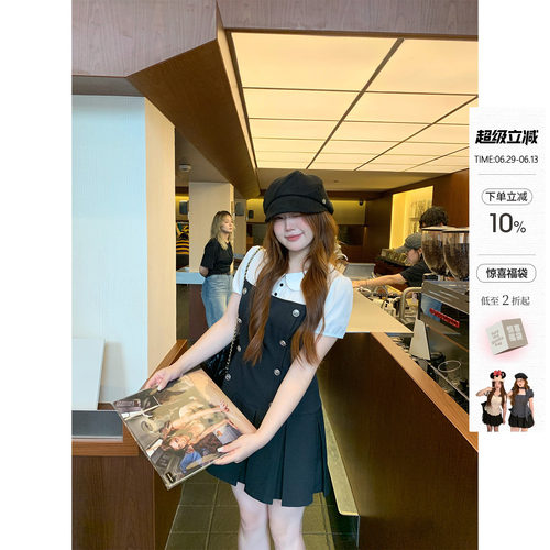 你的鱼 黑蝶奶芙 微胖mm假两件夏双排扣连衣裙 6/25 00:00新品9折