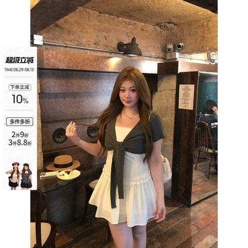 你的鱼 白黎情书 韩系微胖mm初恋感春夏方领连衣裙绑带开衫套装