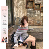 韩系微胖mm纽扣大翻领一字肩露肩毛衣半裙套装 首尔约定 鱼 你