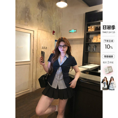 你的鱼 半岛失格 韩系微胖mm学院风春夏假两件扭结格纹短袖套装