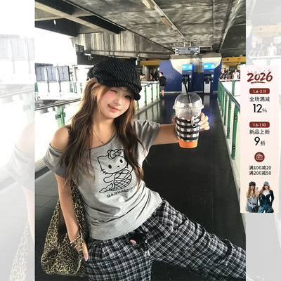 你的鱼 人鱼Kitty+韩女神裤 微胖mm斜肩宽松短袖上衣格纹休闲裤