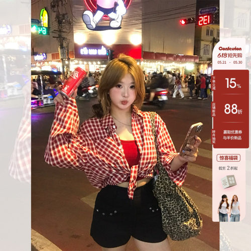 你的鱼 复古格调 日系格子衬衫外套挂脖吊带夏日俏皮微胖mm套装