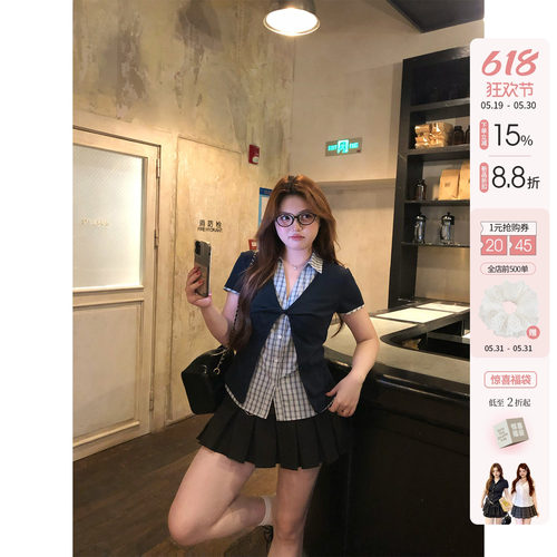 你的鱼 半岛失格 韩系微胖mm学院风春夏假两件扭结格纹短袖套装