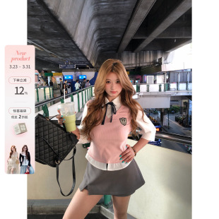 上衣半裙套装 你 韩系微胖mm春夏假两件学院感短袖 伯克利学院 鱼