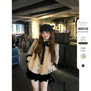 你的鱼 栗子杏仁 微胖mm甜美风蝴蝶结外套丝绒蛋糕裙气质温柔套装