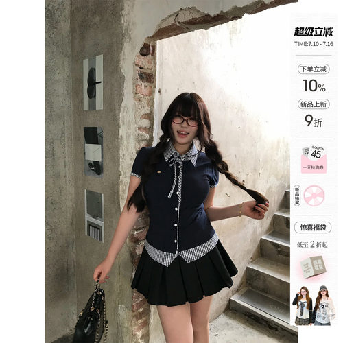 你的鱼 柠香町蓝 韩系微胖mm学院风格纹夏日假两件短袖半裙套装
