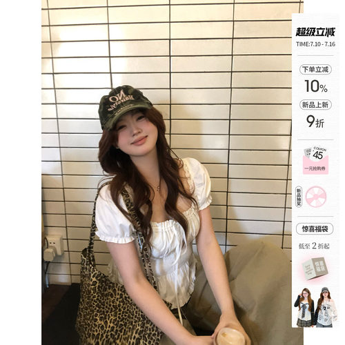 你的鱼 松弛智妍 韩系微胖mm春夏系带抽褶日常甜系休闲泡泡袖上衣