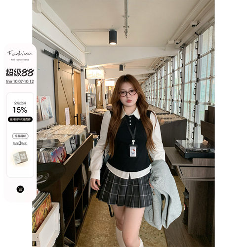 你的鱼 英伦礼拜日 韩系微胖mm秋季学院风卫衣衬衫百褶半裙套装