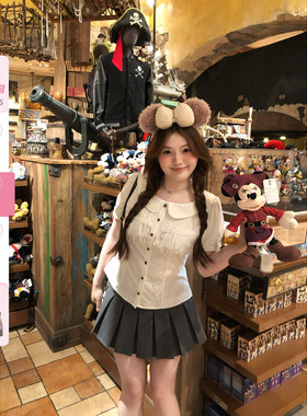 你的鱼 少女茶话会 韩系微胖mm春夏条纹蕾丝泡泡袖衬衫半裙套装