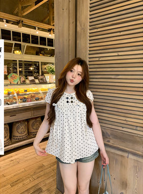 你的鱼 俏皮波尔卡 韩系微胖mm春夏甜美波点纽扣蝴蝶结宽松短袖