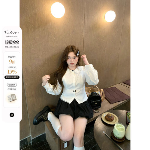 你的鱼 白茶初恋 韩系微胖mm初恋感娃娃领长袖衬衫半裙秋季套装