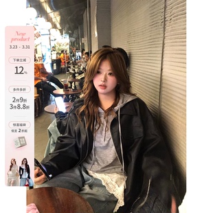 韩系微胖mm时髦酷飒拉链翻领斜插口袋PU皮衣外套 机车少女 你 鱼