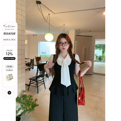 你的鱼 智感伊甸园 韩系微胖mm甜美蝴蝶结绑带假两件上衣裙裤套装