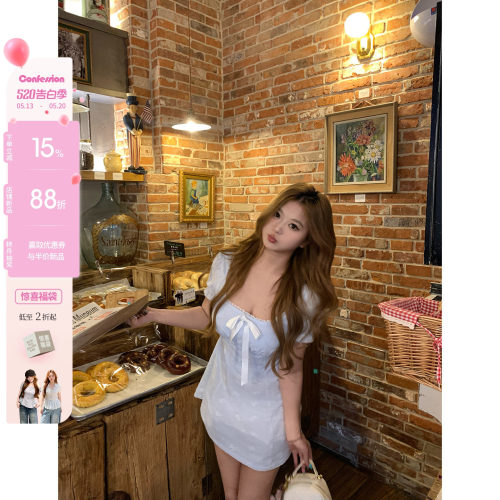 你的鱼 雾蓝岛屿 韩系微胖mm春夏花边泡泡袖蝴蝶结公主风连衣裙