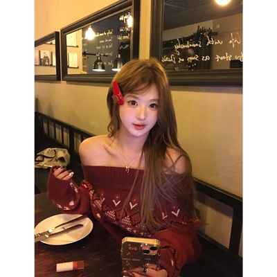 你的鱼 圣诞费尔岛 韩系微胖mm一字肩氛围感宽松毛织上衣半裙套装