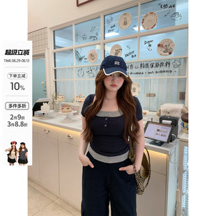 你的鱼 夏日负暄 韩系微胖mm设计感假两件挂脖短袖休闲松弛上衣