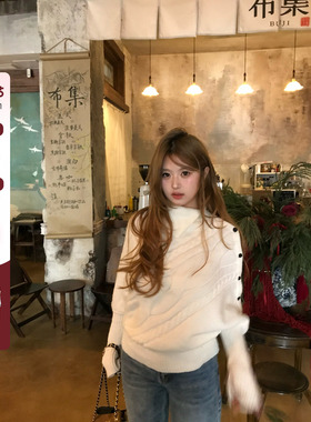 你的鱼 松烟纪事 韩系微胖mm高领提花显瘦宽松兜量保暖蝙蝠袖毛衣