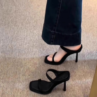 不累脚凉拖鞋 女10cm新款 外穿 女性感一字带细跟高跟鞋 绝美方头凉鞋