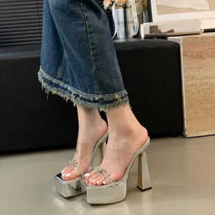 女 网红15cm超高跟方头防水台透明凉拖鞋 大长腿 银色粗跟厚底凉鞋