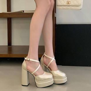 防水台模特鞋 凉鞋 夜店 12cm粗跟不累脚交叉带时尚 小个子超高跟女鞋