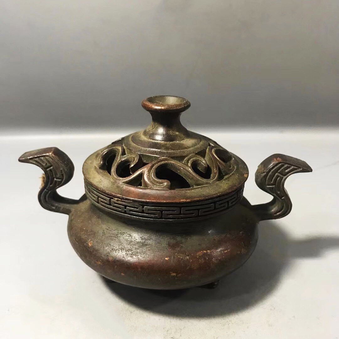 古玩香炉檀香仿古盘香炉三足香炉熏香炉家用双耳带盖宣德铜炉摆件