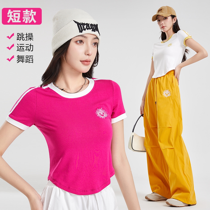 时尚罗纹棉运动上衣夏季修身美式短款撞色圆领t恤新款曳步舞服装