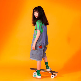 女孩韓版 洋氣褲 薄款 子中大童兒童寬松休閑短褲 牛仔背帶褲 女童夏季