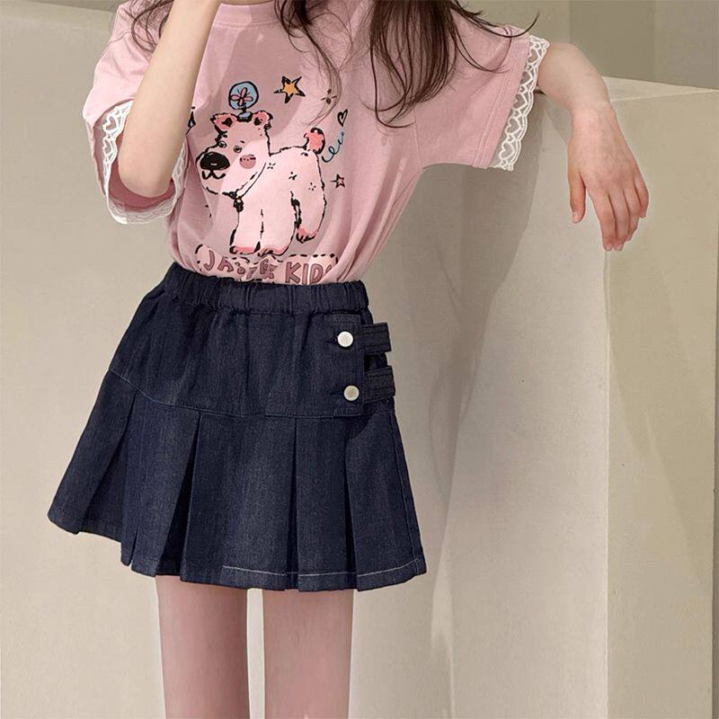 夏季女童韩版休闲短裙儿童百搭洋气百褶裙大童女孩个性牛仔半身裙