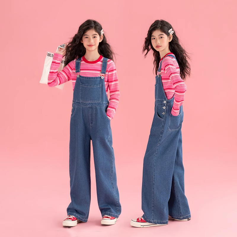 百搭洋气窄版阔腿牛仔背带裤