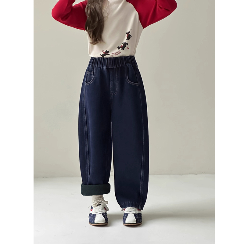 儿童韩版宽松春秋冬季弯刀裤女童一体绒休闲牛仔裤中大童加厚长裤