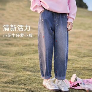 女童宽松老爹裤 女孩韩版 加绒萝卜裤 儿童春秋冬季 宽松一体绒牛仔裤