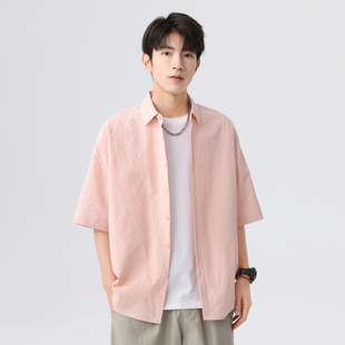 粉色男款夏季短袖衬衫薄款村子大码宽松180斤胖子称休闲衬衣半袖